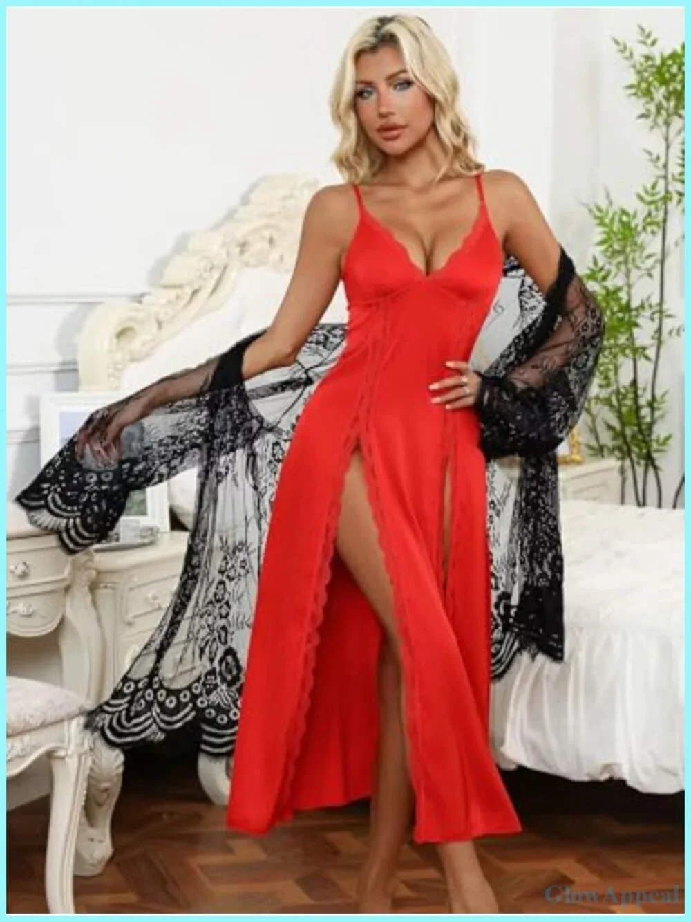 Women's Silk Nightgown with Lace Trim and Side Slits - Satin Sleep Dress